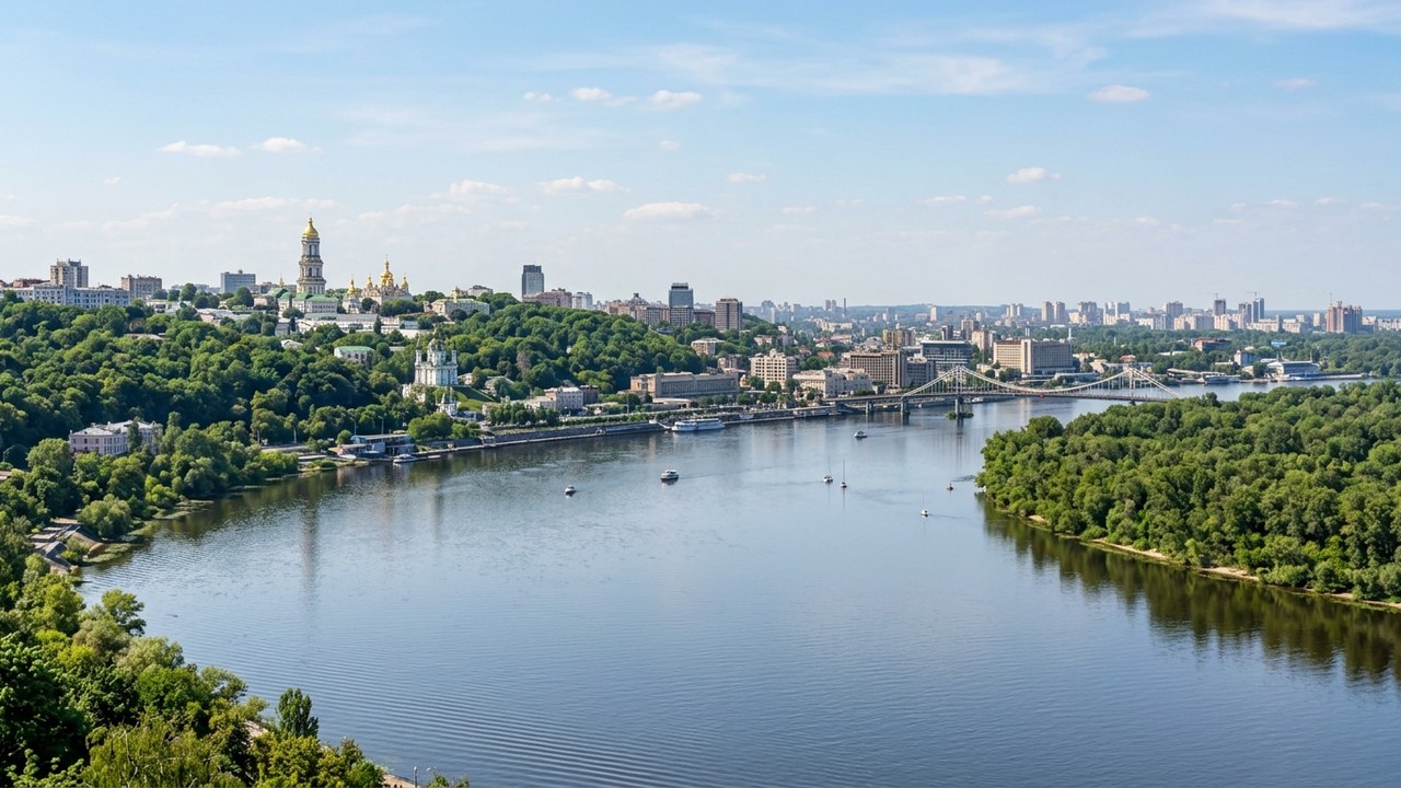 AI-generated photorealistic context: A wide peaceful contextual view of Kyiv, Ukraine, with the Dnipro river and city buildings; no conflict, soldiers, damage or political events